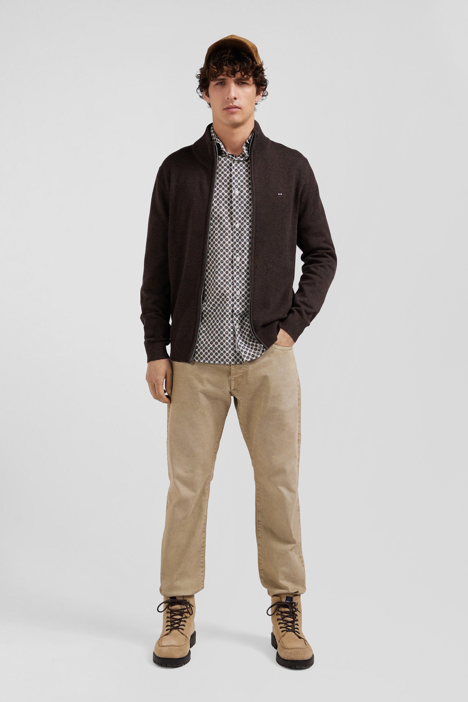 Regular Brown Plain Wool And Cotton Zipped Cardigan_02