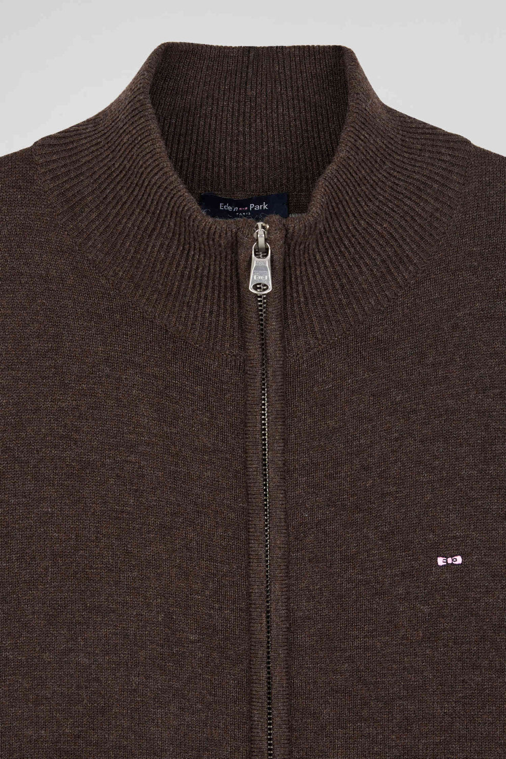 Regular Brown Plain Wool And Cotton Zipped Cardigan_06