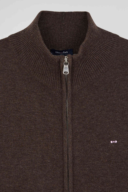 Regular Brown Plain Wool And Cotton Zipped Cardigan_06