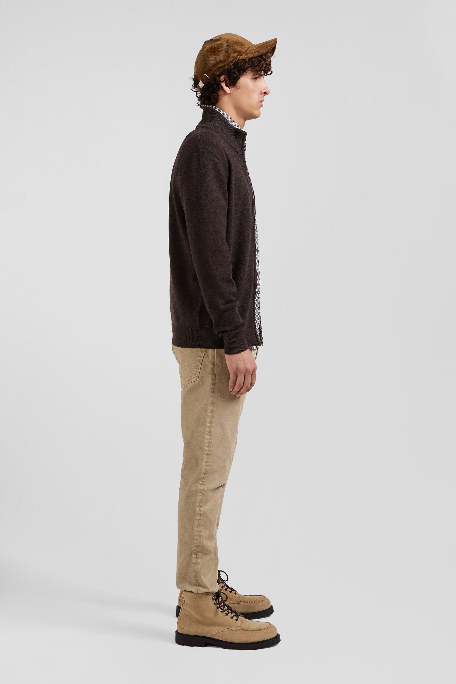 Regular Brown Plain Wool And Cotton Zipped Cardigan_08