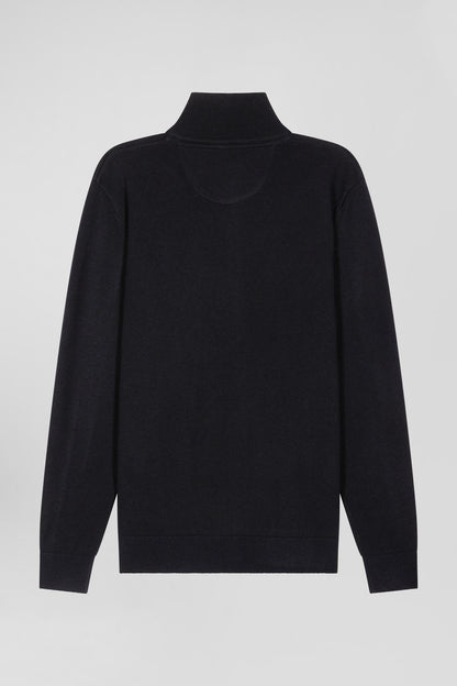 Regular Black Plain Wool And Cotton Zipped Cardigan_05