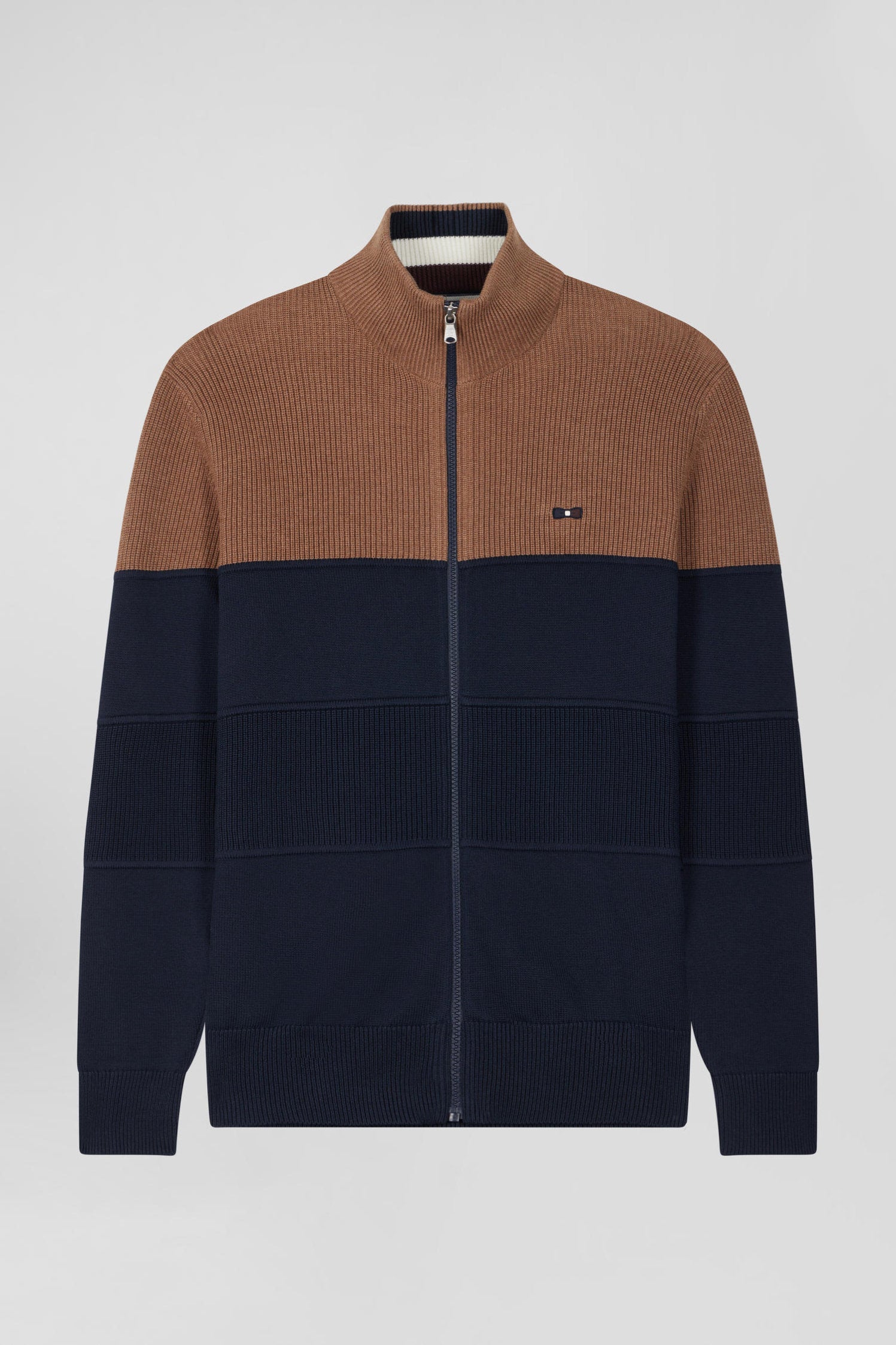 Regular Navy Blue and Camel Cotton High Collar Zipped Cardigan_H24MAICA0010_BEF4_03