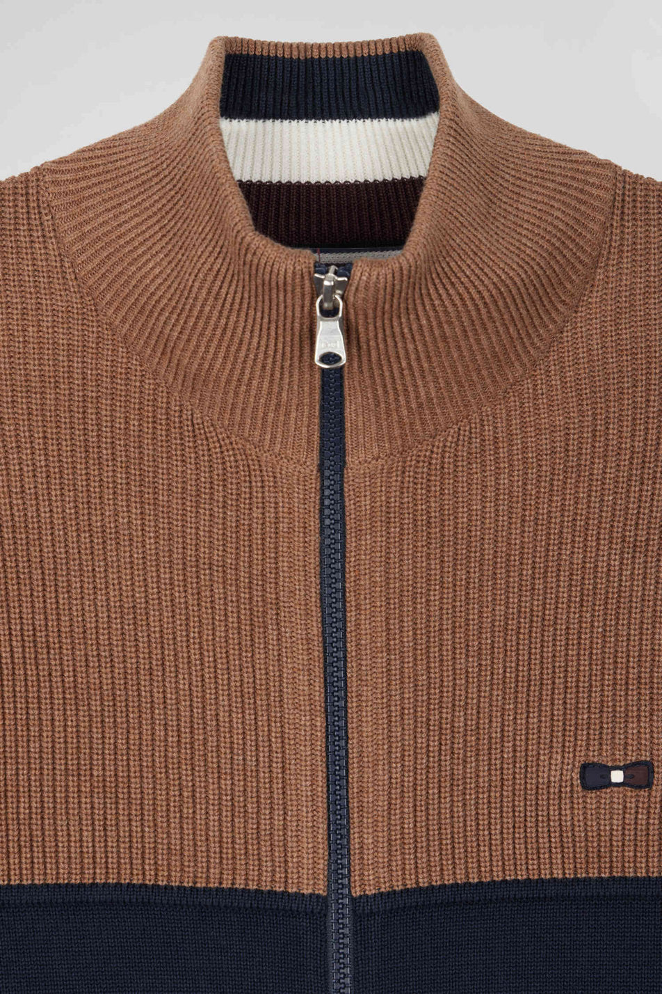 Regular Navy Blue and Camel Cotton High Collar Zipped Cardigan_H24MAICA0010_BEF4_06