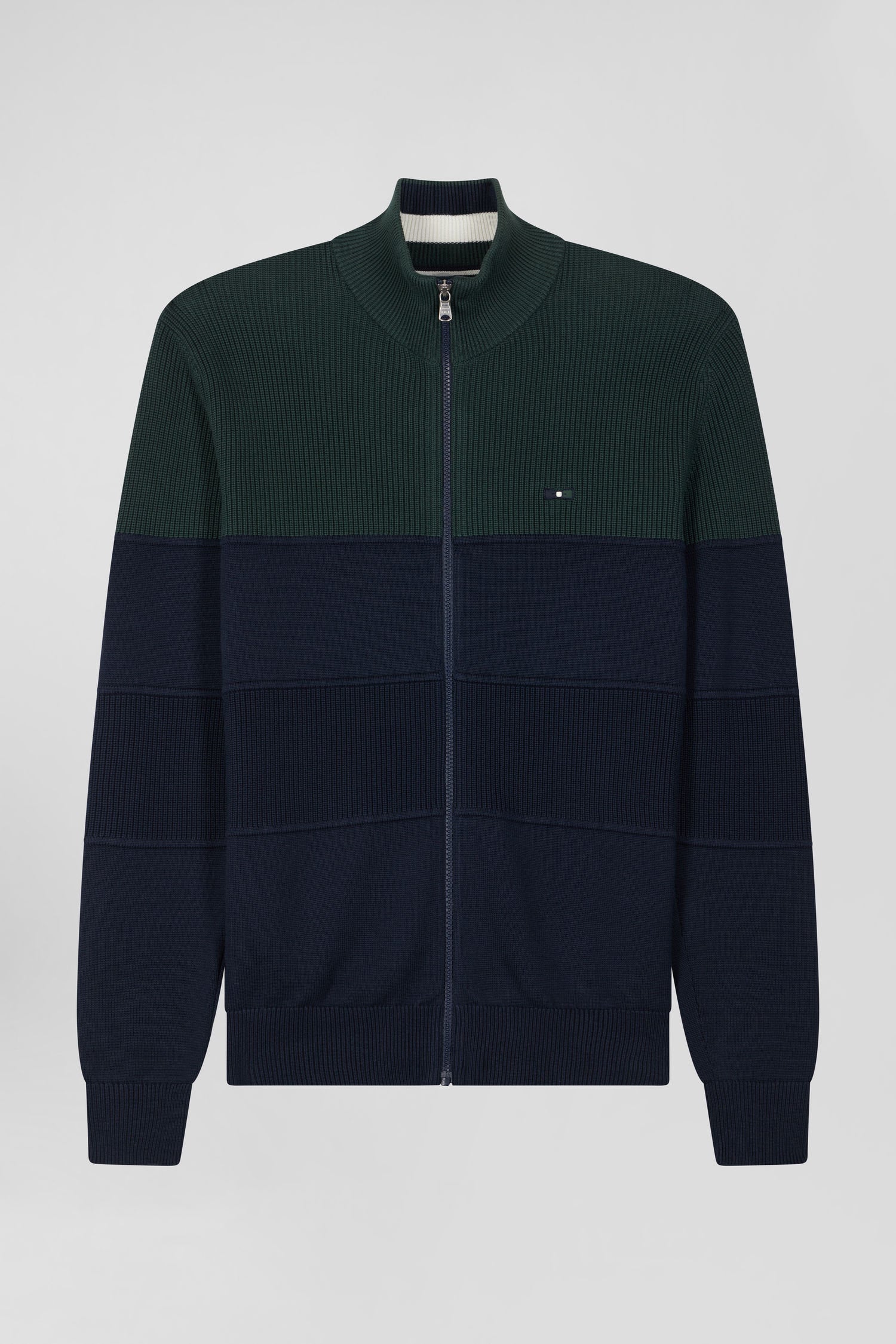 Regular Navy Blue and Green Cotton High Collar Zipped Cardigan_H24MAICA0010_VEF_03