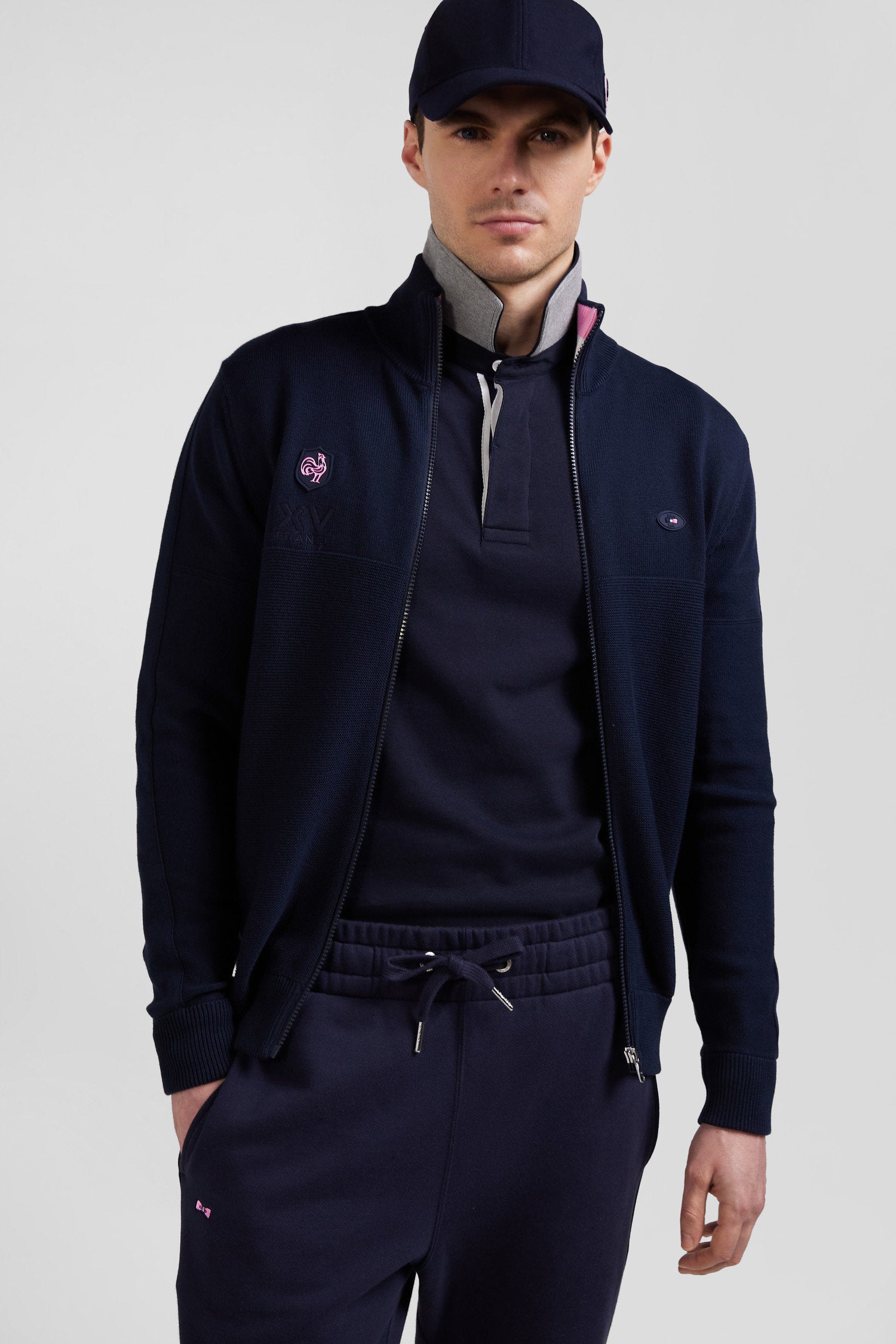 Regular Navy Blue Cotton Zipped Cardigan With Xv De France Rubber Badge And Tricolour Details_01