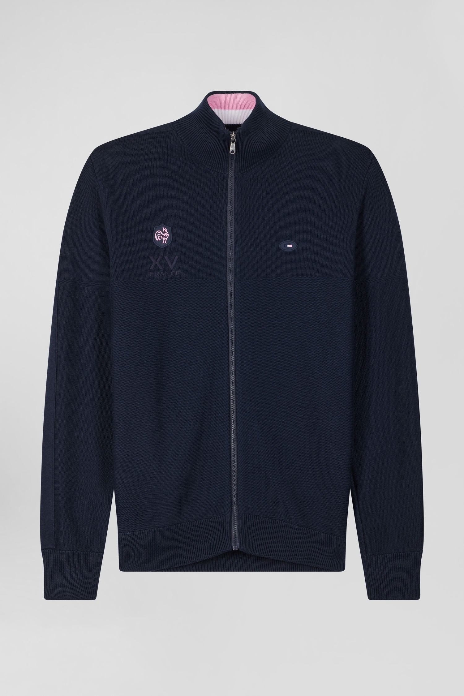 Regular Navy Blue Cotton Zipped Cardigan With Xv De France Rubber Badge And Tricolour Details_04