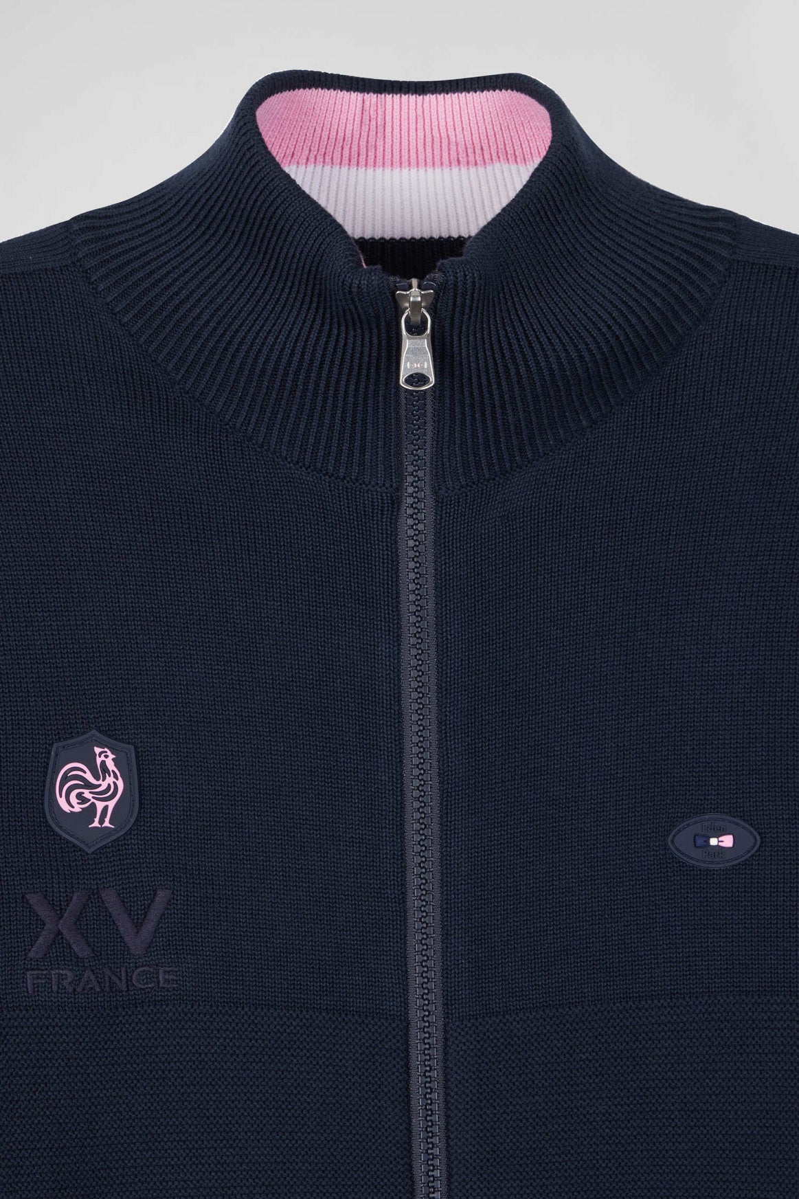 Regular Navy Blue Cotton Zipped Cardigan With Xv De France Rubber Badge And Tricolour Details_06