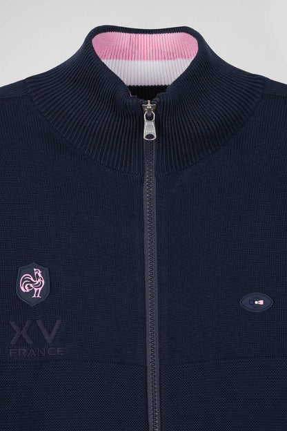 Regular Navy Blue Cotton Zipped Cardigan With Xv De France Rubber Badge And Tricolour Details_06