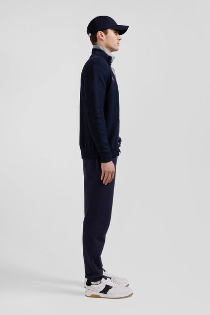 Regular Navy Blue Cotton Zipped Cardigan With Xv De France Rubber Badge And Tricolour Details_09