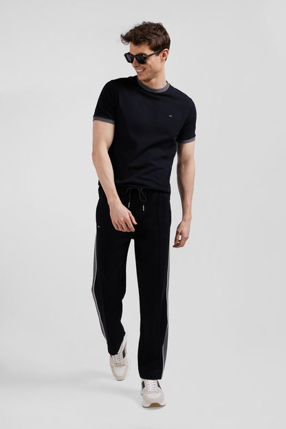 Regular Black Mixed Cotton Jogging Bottoms with Leg Piping_H24MAIJO0006_NO_01