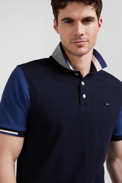 Regular Navy Blue Short-Sleeved Cotton PiquŽ Polo Shirt With Eden Park Jacquard Collar_01