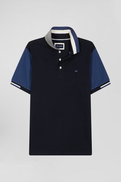 Regular Navy Blue Short-Sleeved Cotton PiquŽ Polo Shirt With Eden Park Jacquard Collar_04