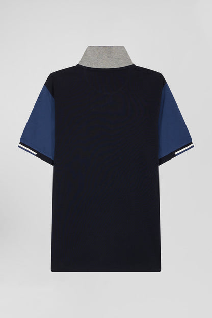 Regular Navy Blue Short-Sleeved Cotton PiquŽ Polo Shirt With Eden Park Jacquard Collar_05