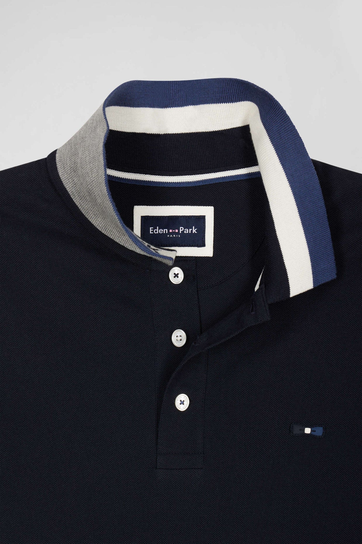 Regular Navy Blue Short-Sleeved Cotton PiquŽ Polo Shirt With Eden Park Jacquard Collar_06