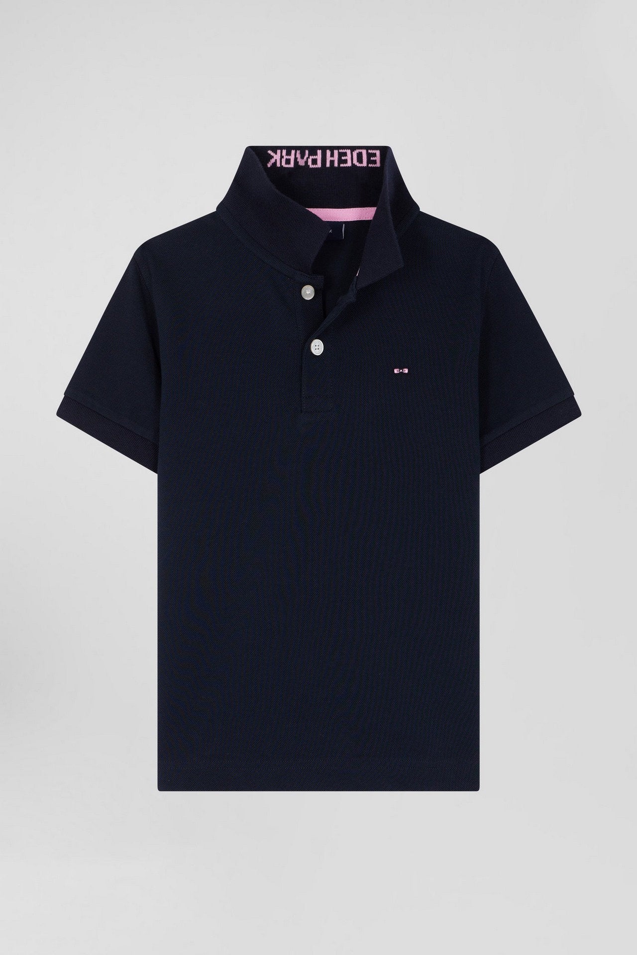 Regular Navy Blue Short-Sleeved Cotton PiquŽ Polo Shirt With Jacquard Collar_04