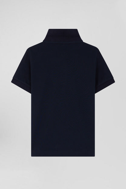 Regular Navy Blue Short-Sleeved Cotton PiquŽ Polo Shirt With Jacquard Collar_05