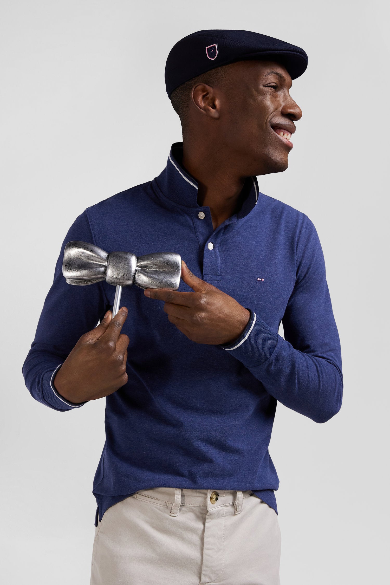 Slim Dark Blue Long-Sleeved Stretch Cotton Polo Shirt With Striped Finishes_01