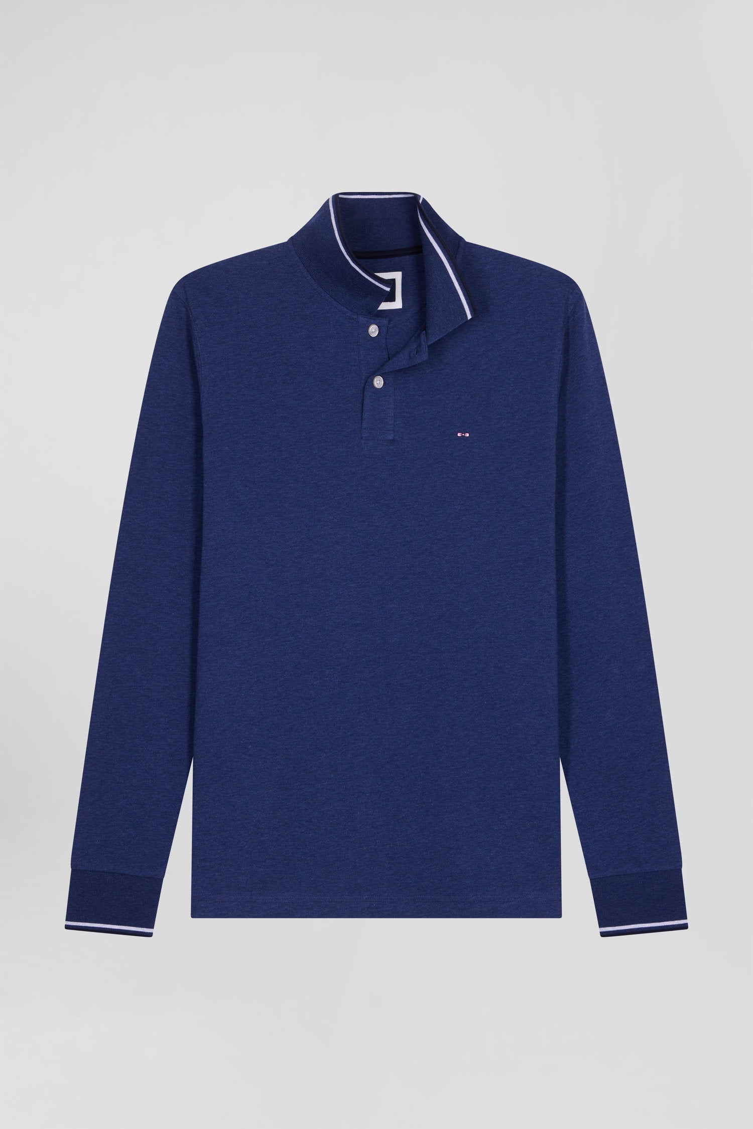 Slim Dark Blue Long-Sleeved Stretch Cotton Polo Shirt With Striped Finishes_04