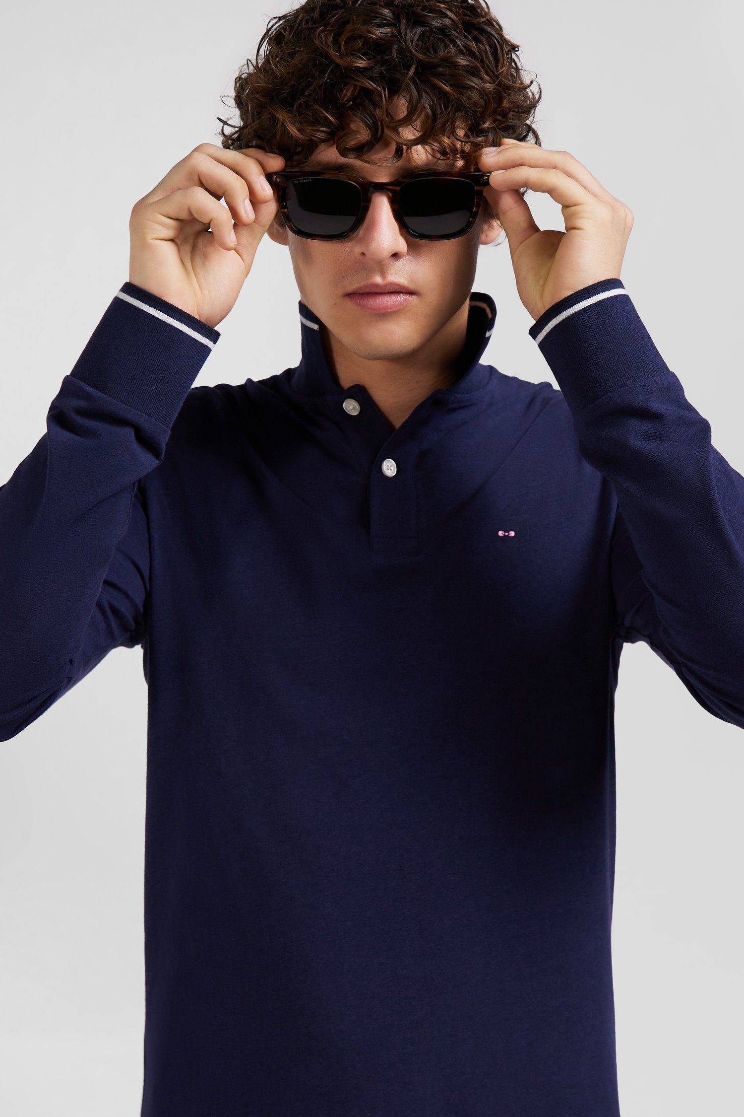 Slim Navy Blue Long-Sleeved Stretch Cotton Polo Shirt With Striped Finishes_01