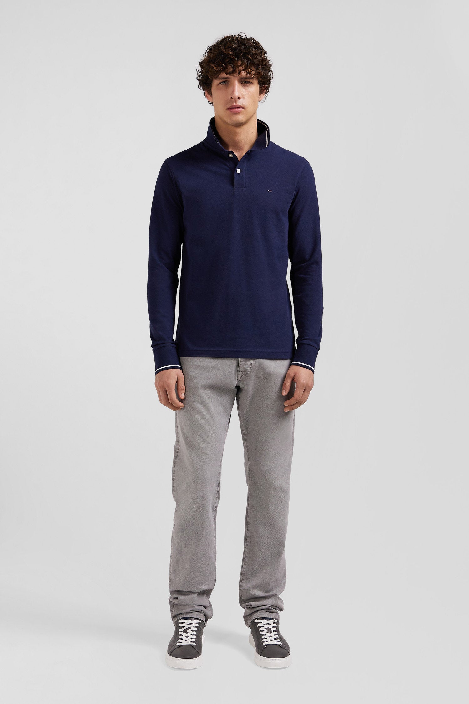 Slim Navy Blue Long-Sleeved Stretch Cotton Polo Shirt With Striped Finishes_02