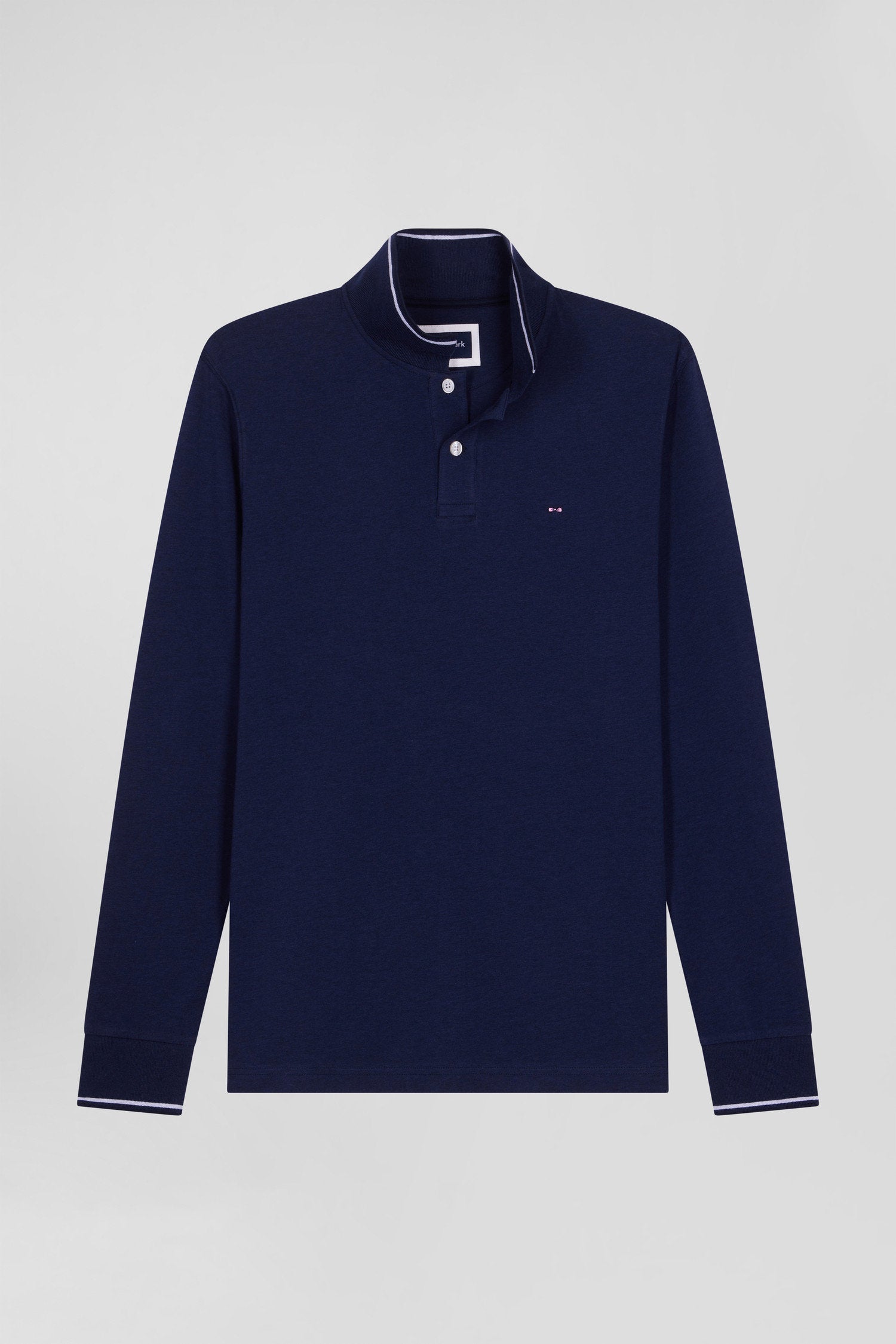 Slim Navy Blue Long-Sleeved Stretch Cotton Polo Shirt With Striped Finishes_04