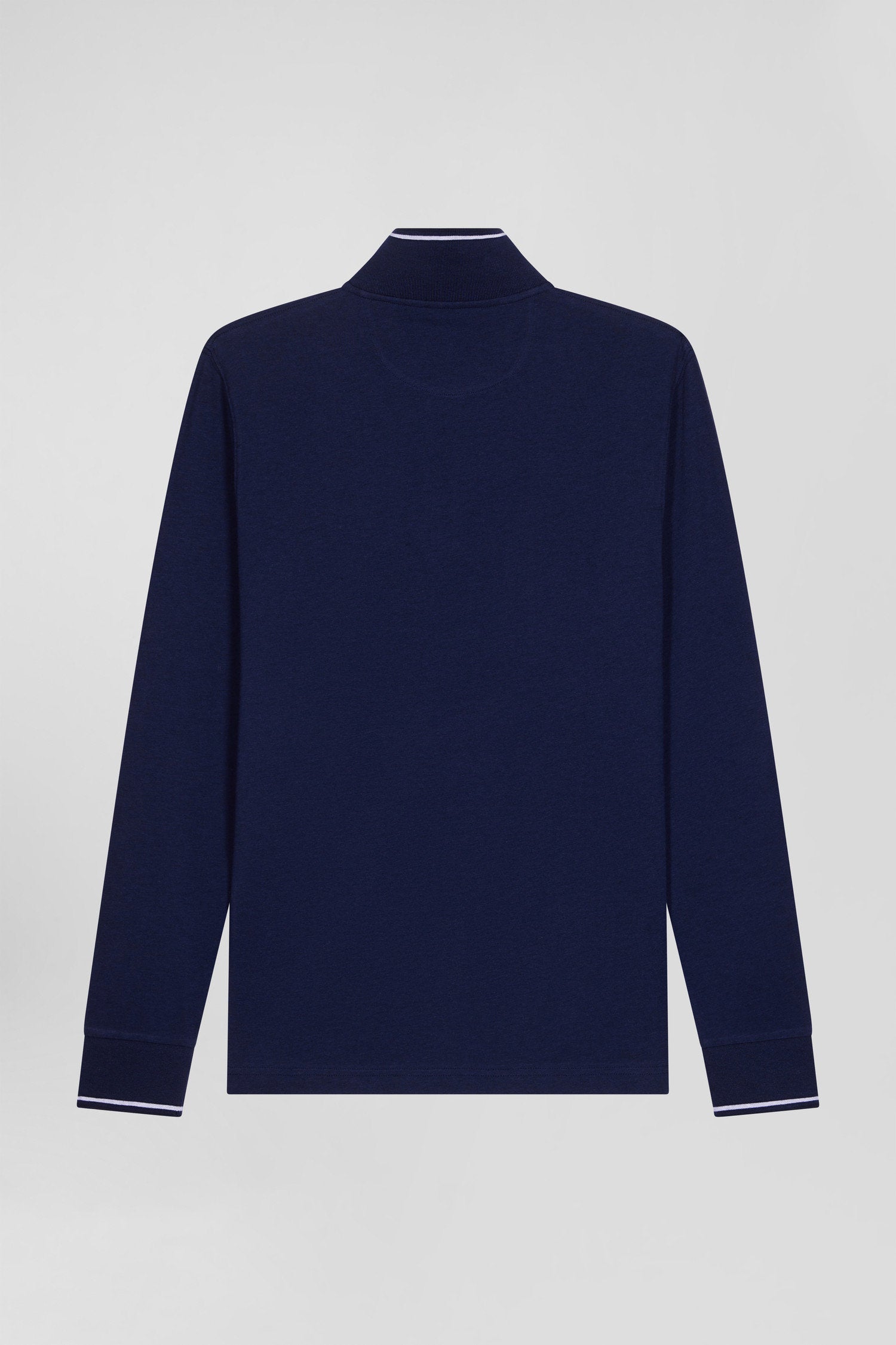 Slim Navy Blue Long-Sleeved Stretch Cotton Polo Shirt With Striped Finishes_05