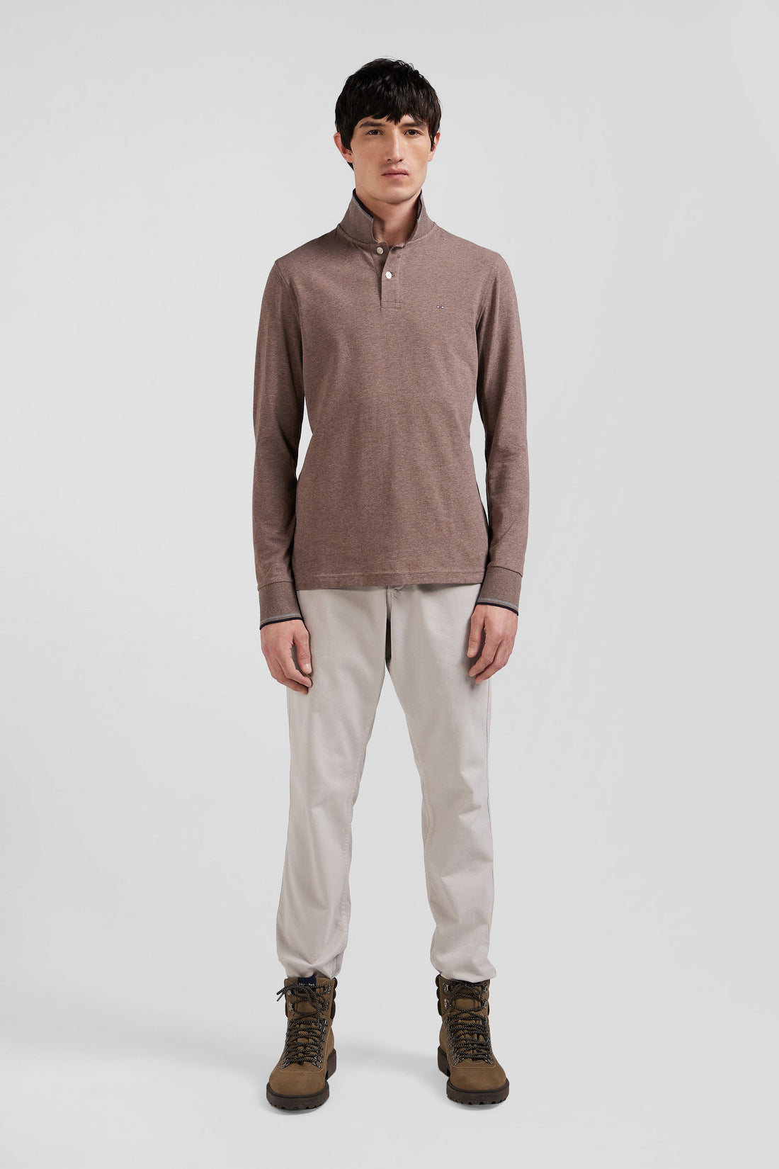 Slim Brown Long-Sleeved Stretch Cotton Polo Shirt With Striped Finishes_02