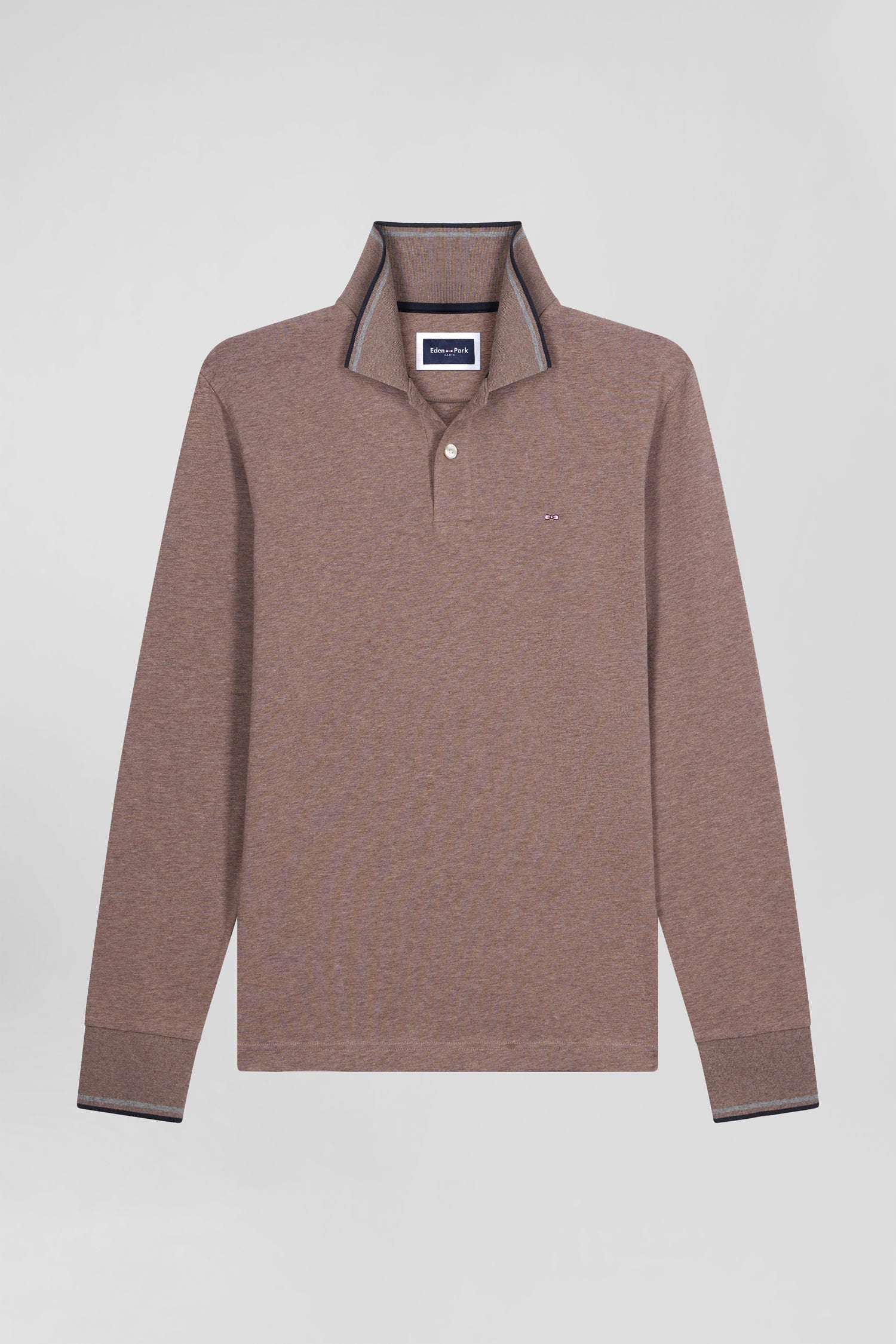 Slim Brown Long-Sleeved Stretch Cotton Polo Shirt With Striped Finishes_04