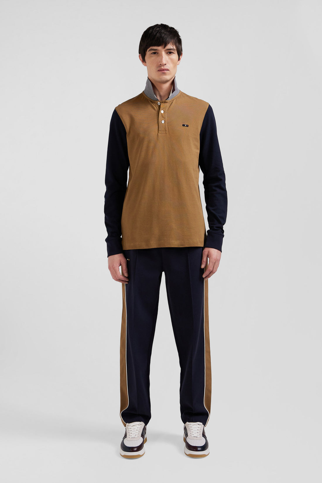 Regular Camel Bicolor Long-Sleeved Cotton PiquŽ Polo Shirt with Jacquard Collar_H24MAIPL0011_BEF4_02