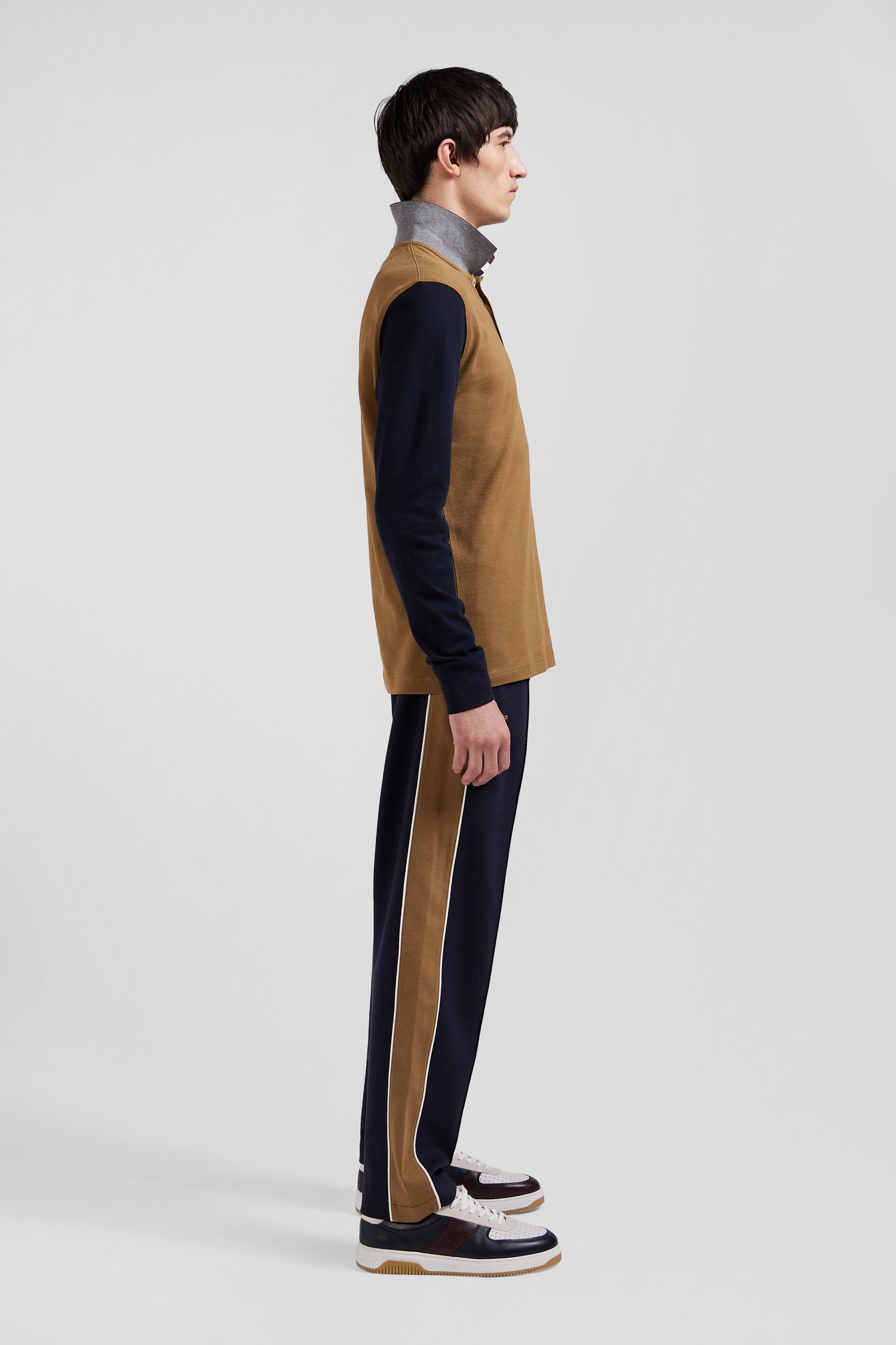 Regular Camel Bicolor Long-Sleeved Cotton PiquŽ Polo Shirt with Jacquard Collar_H24MAIPL0011_BEF4_09