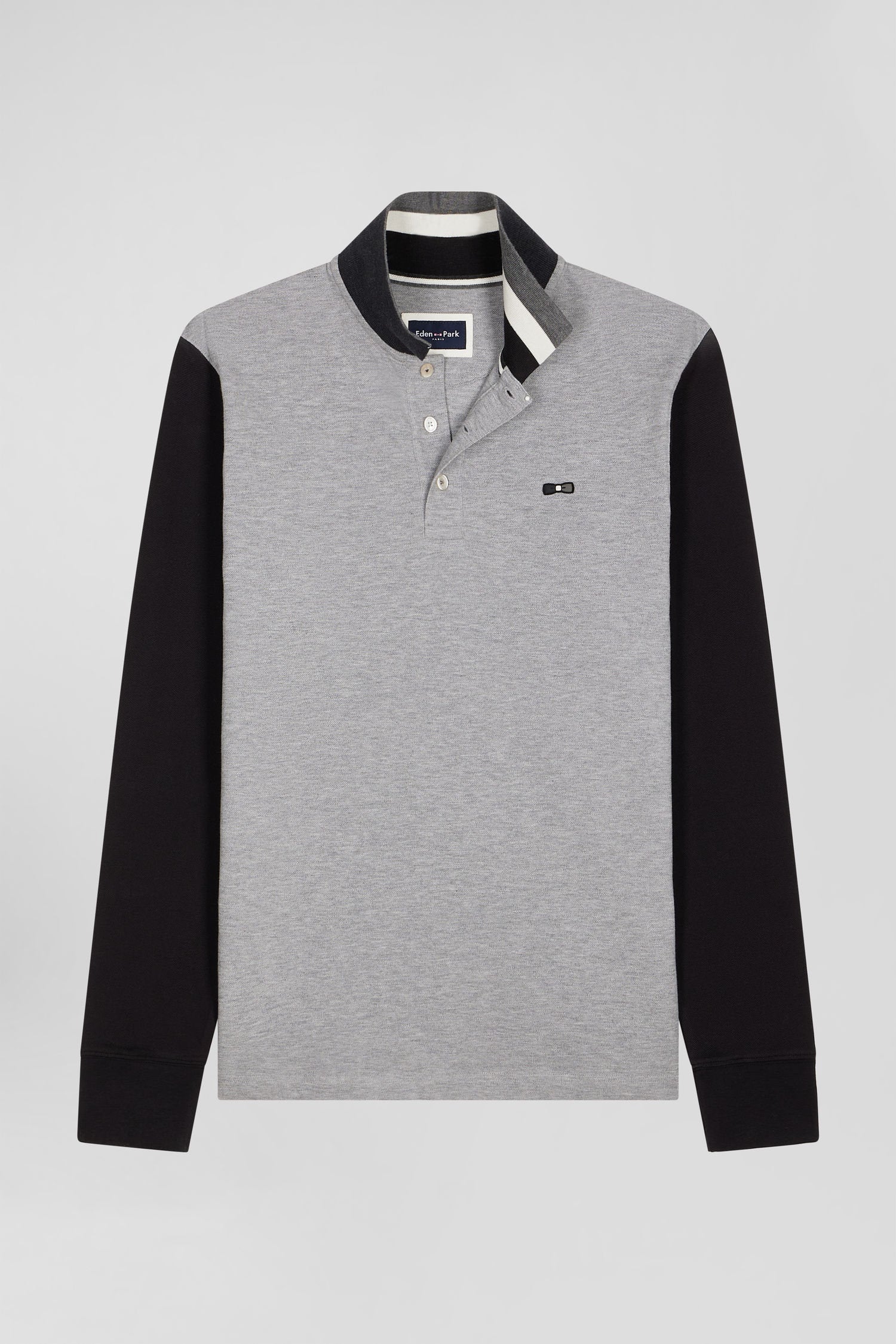 Regular Black Bicolor Long-Sleeved Cotton PiquŽ Polo Shirt with Jacquard Collar_H24MAIPL0011_NO_03