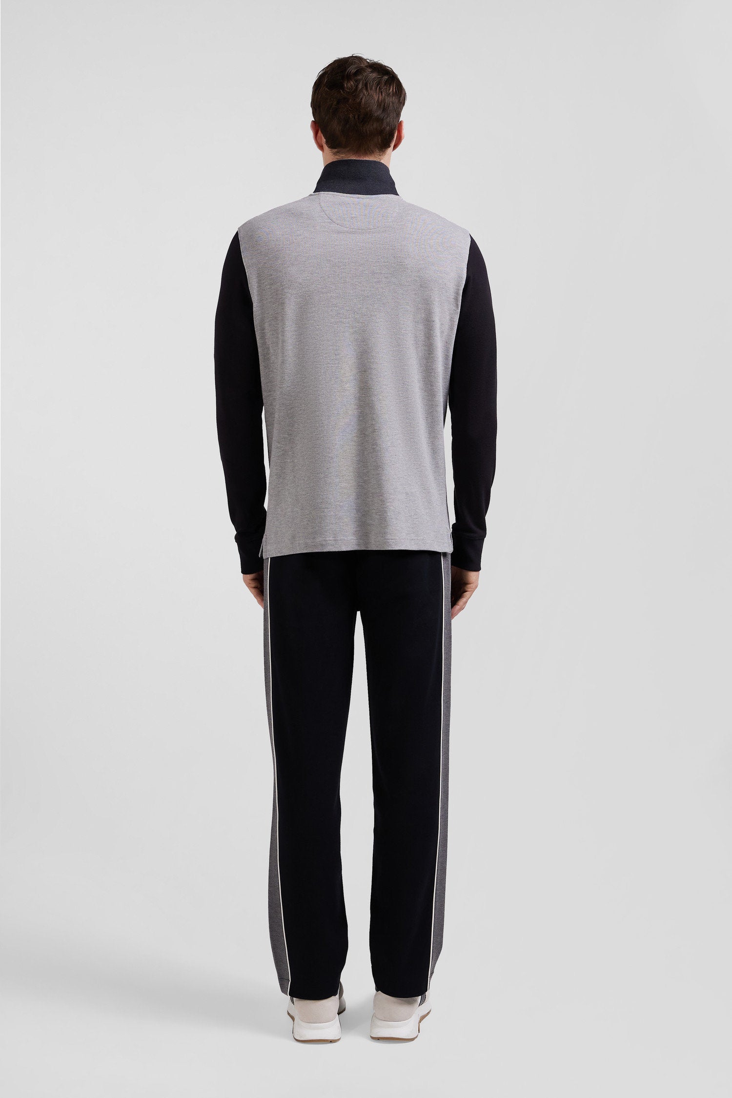 Regular Black Bicolor Long-Sleeved Cotton PiquŽ Polo Shirt with Jacquard Collar_H24MAIPL0011_NO_04