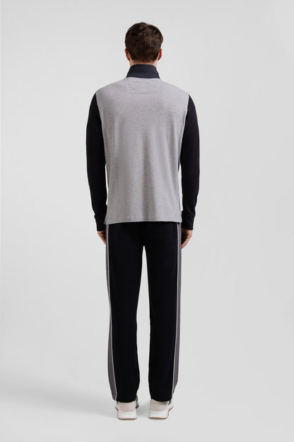 Regular Black Bicolor Long-Sleeved Cotton PiquŽ Polo Shirt with Jacquard Collar_H24MAIPL0011_NO_04