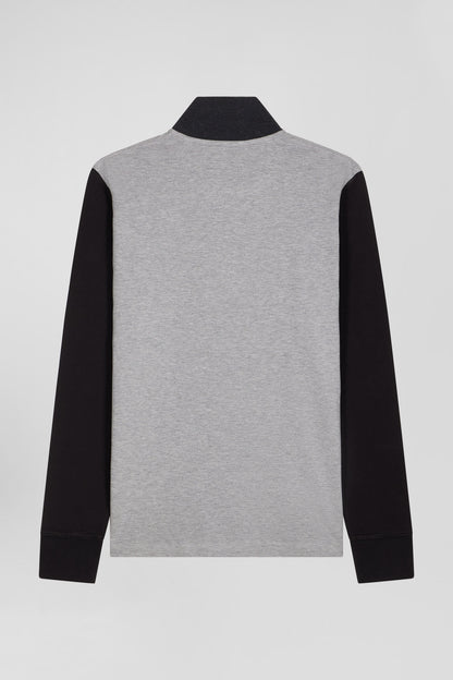 Regular Black Bicolor Long-Sleeved Cotton PiquŽ Polo Shirt with Jacquard Collar_H24MAIPL0011_NO_05