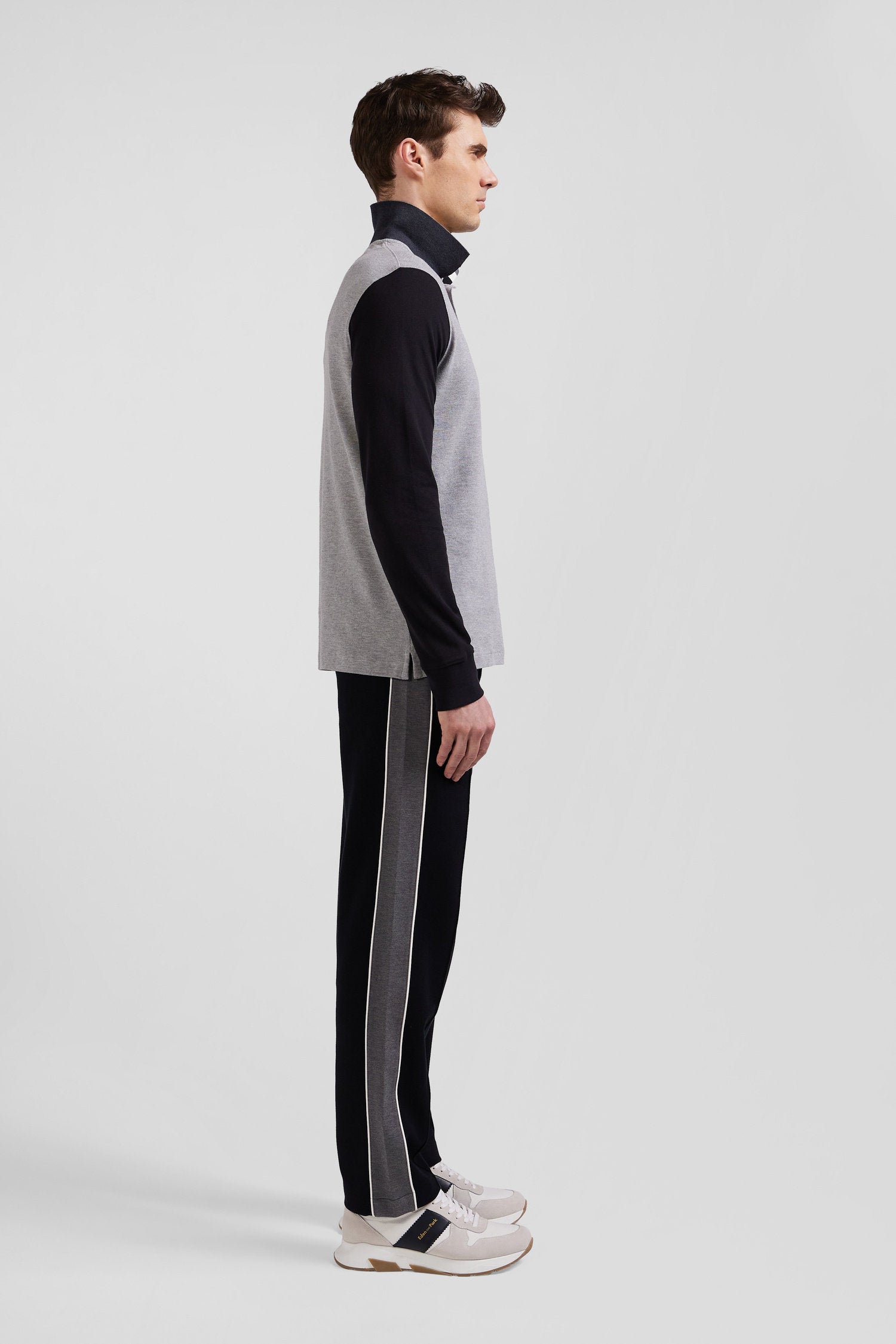 Regular Black Bicolor Long-Sleeved Cotton PiquŽ Polo Shirt with Jacquard Collar_H24MAIPL0011_NO_09