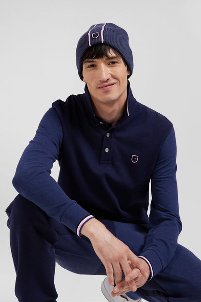 Regular Navy Long-Sleeved Cotton PiquŽ Polo Shirt with Jacquard Collar and Rubber Badge_H24MAIPL0020_BLF27_01