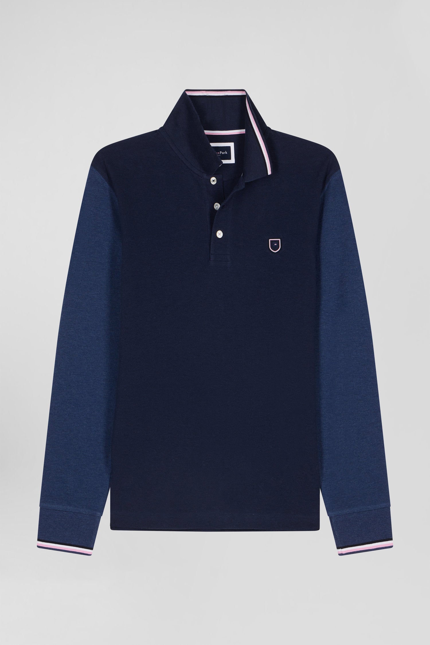 Regular Navy Long-Sleeved Cotton PiquŽ Polo Shirt with Jacquard Collar and Rubber Badge_H24MAIPL0020_BLF27_03