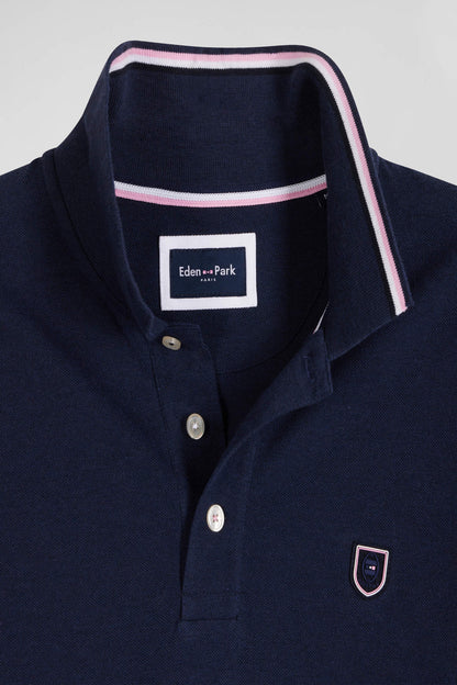 Regular Navy Long-Sleeved Cotton PiquŽ Polo Shirt with Jacquard Collar and Rubber Badge_H24MAIPL0020_BLF27_06