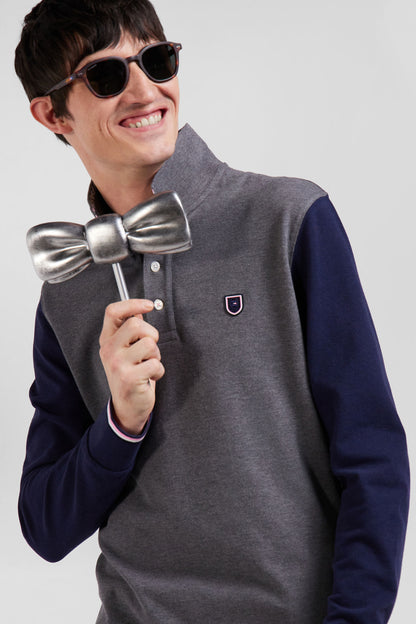 Regular Grey Long-Sleeved Cotton PiquŽ Polo Shirt with Jacquard Collar and Rubber Badge_H24MAIPL0020_GRF10_01