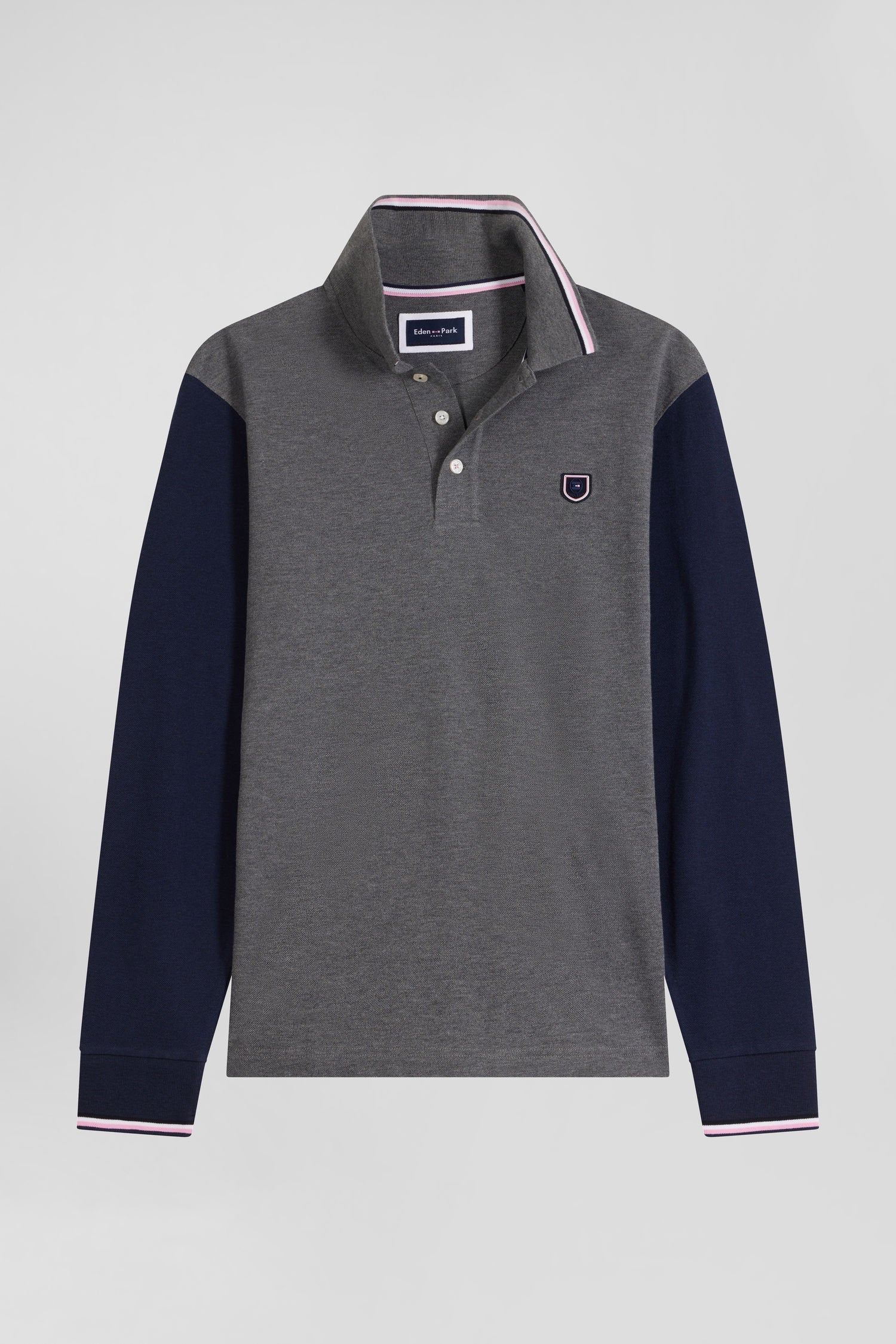 Regular Grey Long-Sleeved Cotton PiquŽ Polo Shirt with Jacquard Collar and Rubber Badge_H24MAIPL0020_GRF10_03