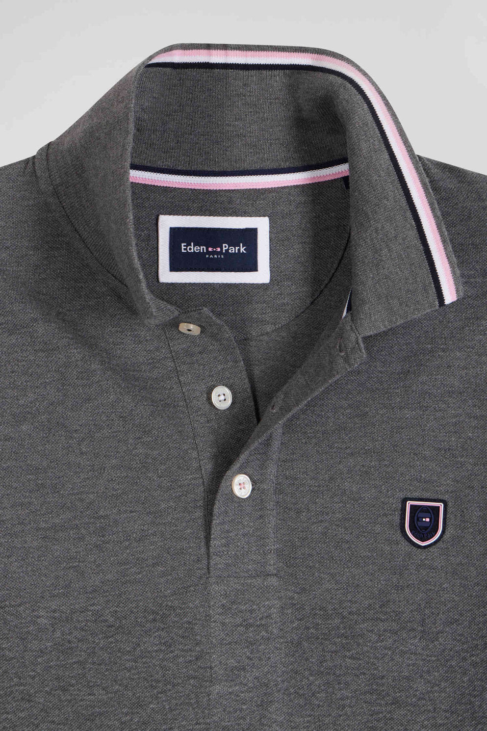 Regular Grey Long-Sleeved Cotton PiquŽ Polo Shirt with Jacquard Collar and Rubber Badge_H24MAIPL0020_GRF10_06