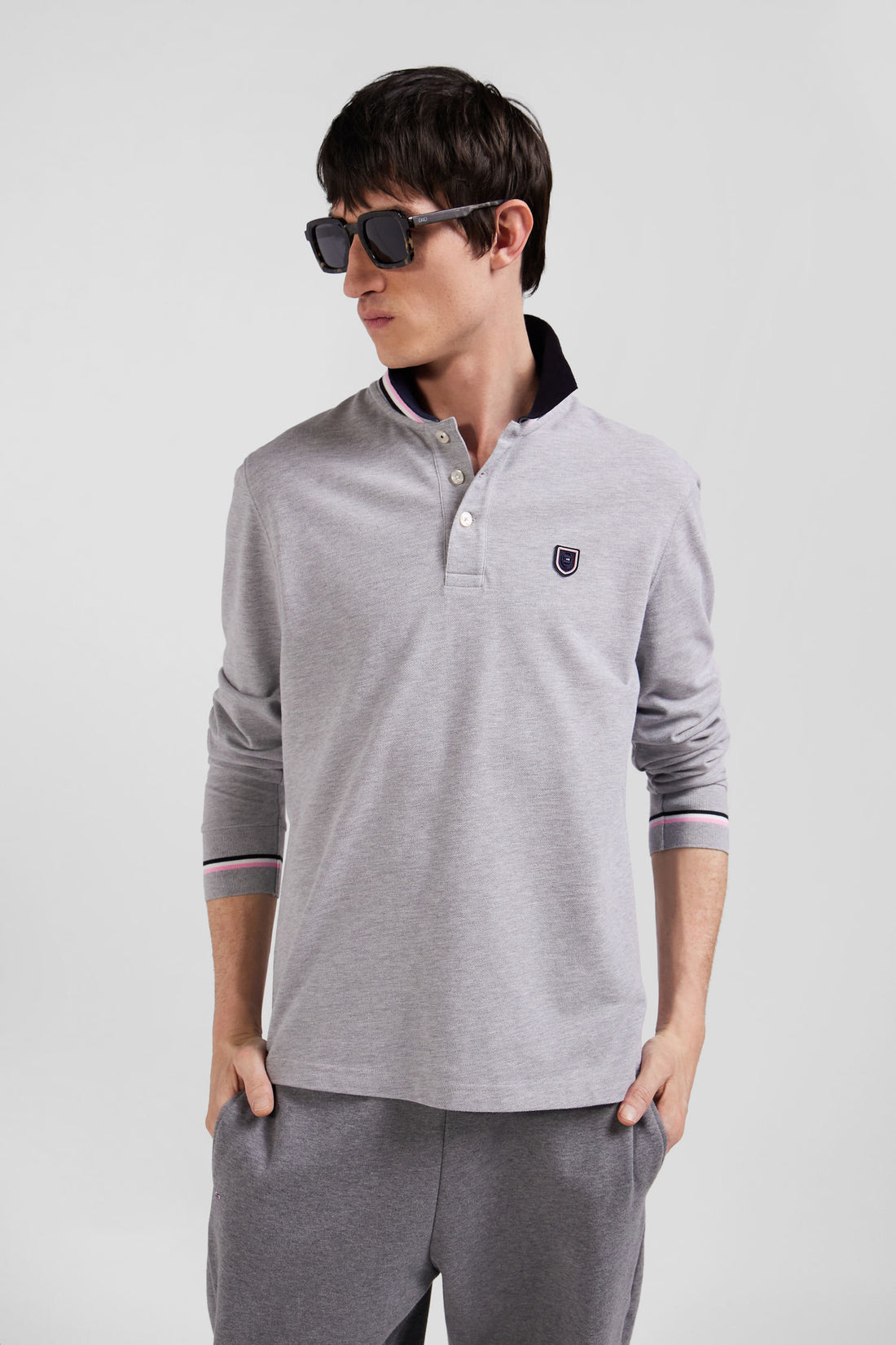 Regular Grey Long-Sleeved Cotton PiquŽ Polo Shirt with Rubber Badge_H24MAIPL0022_GRM24_01