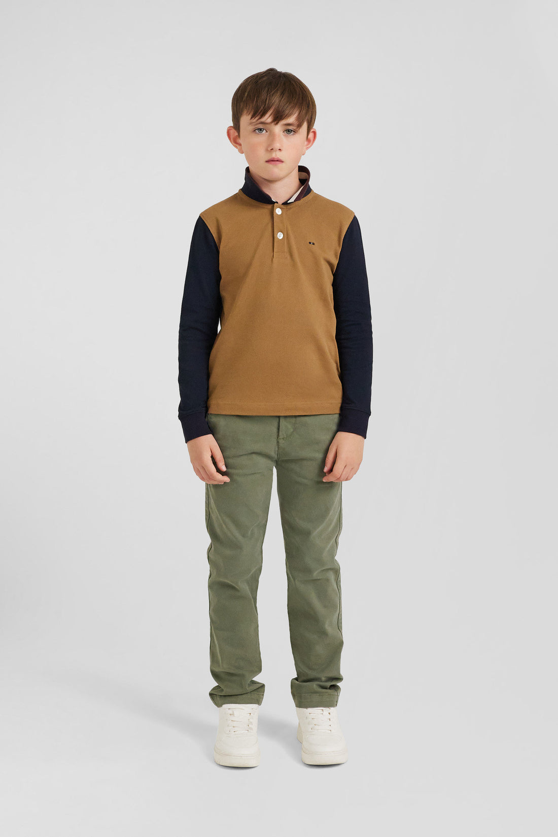 Regular Camel Long-Sleeved Cotton PiquŽ Polo Shirt With Tricolour Eden Park Jacquard Collar_02