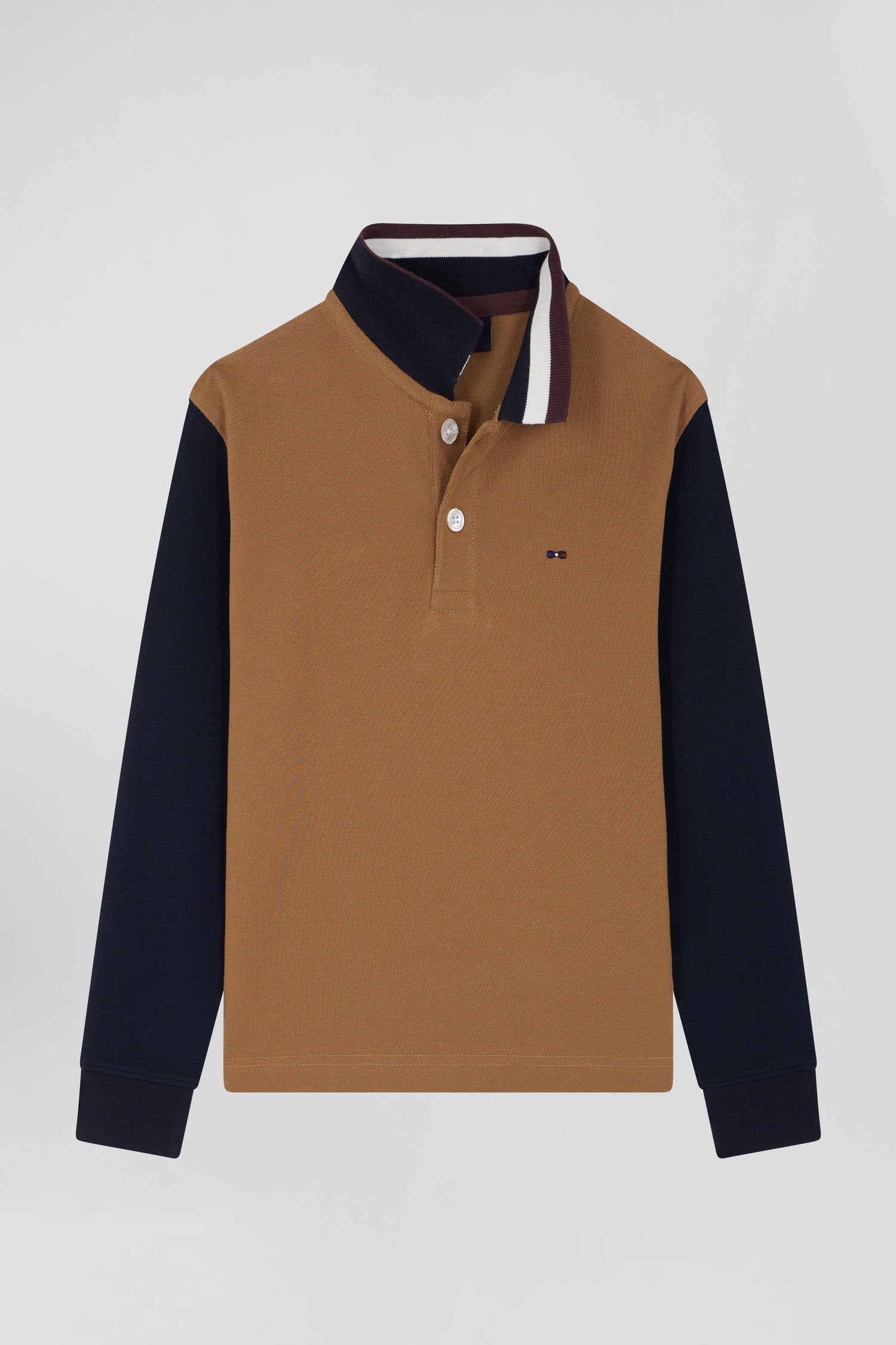 Regular Camel Long-Sleeved Cotton PiquŽ Polo Shirt With Tricolour Eden Park Jacquard Collar_04