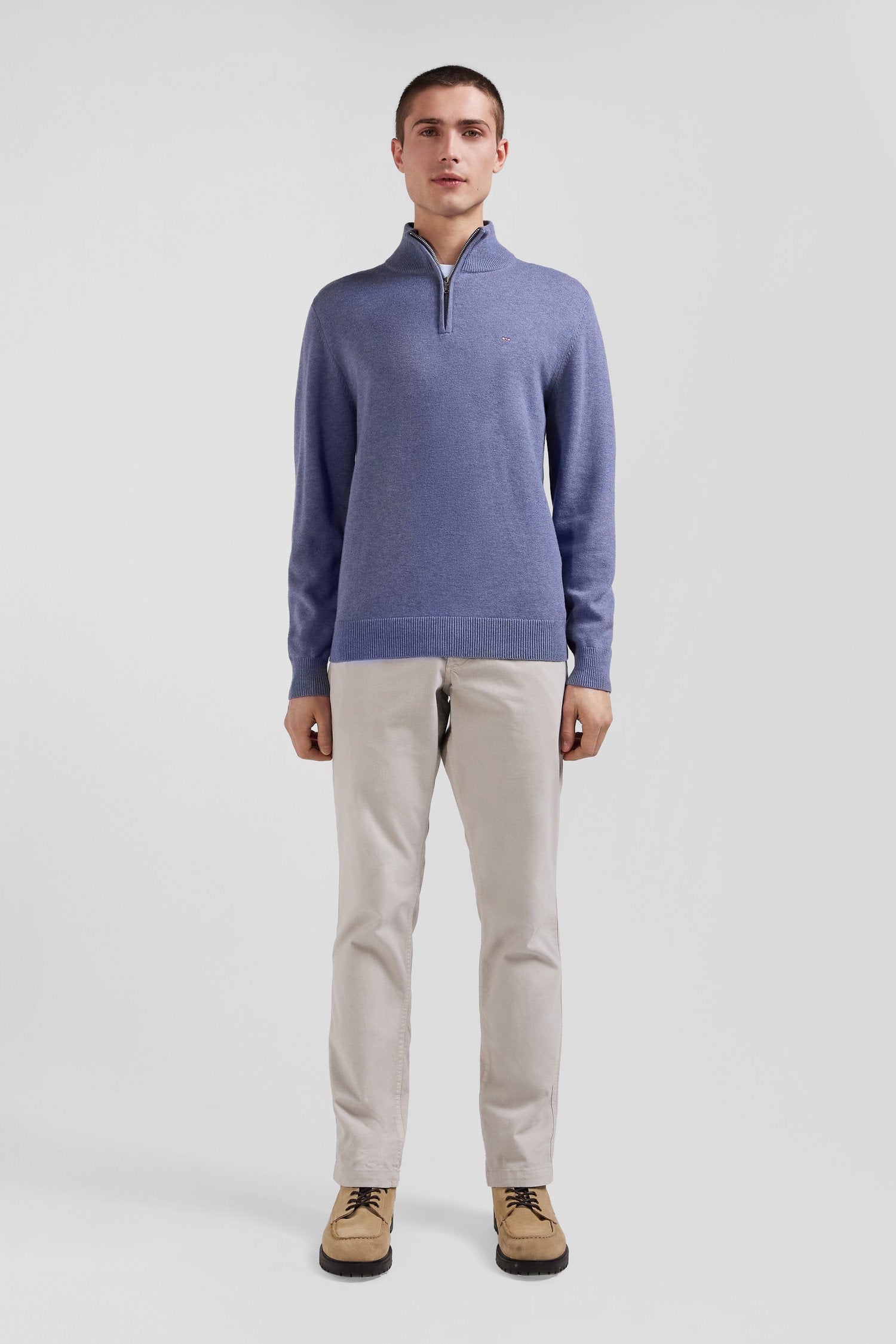 Regular Light Blue Semi-Zipped Wool And Cotton Jumper_02