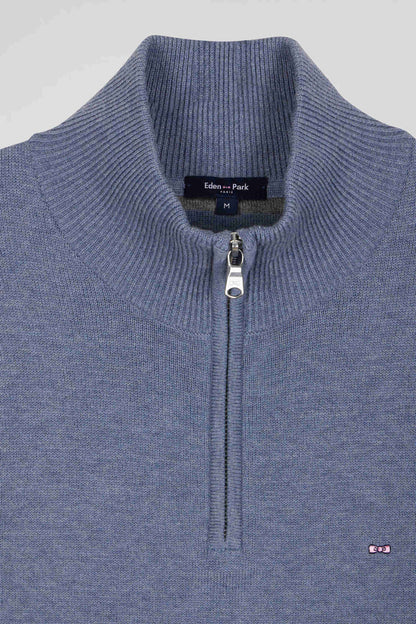 Regular Light Blue Semi-Zipped Wool And Cotton Jumper_06