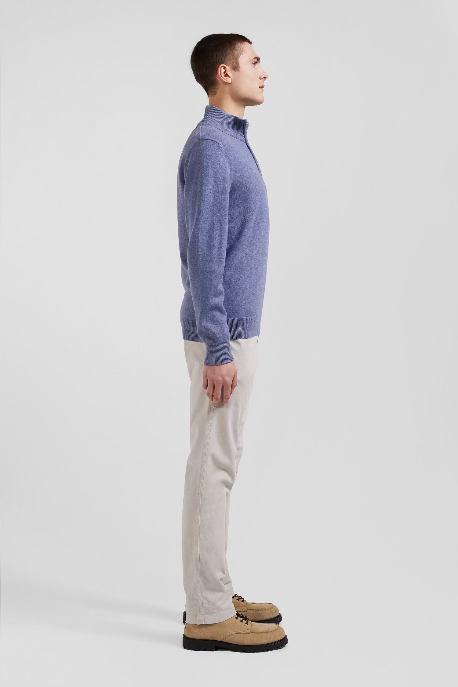 Regular Light Blue Semi-Zipped Wool And Cotton Jumper_09