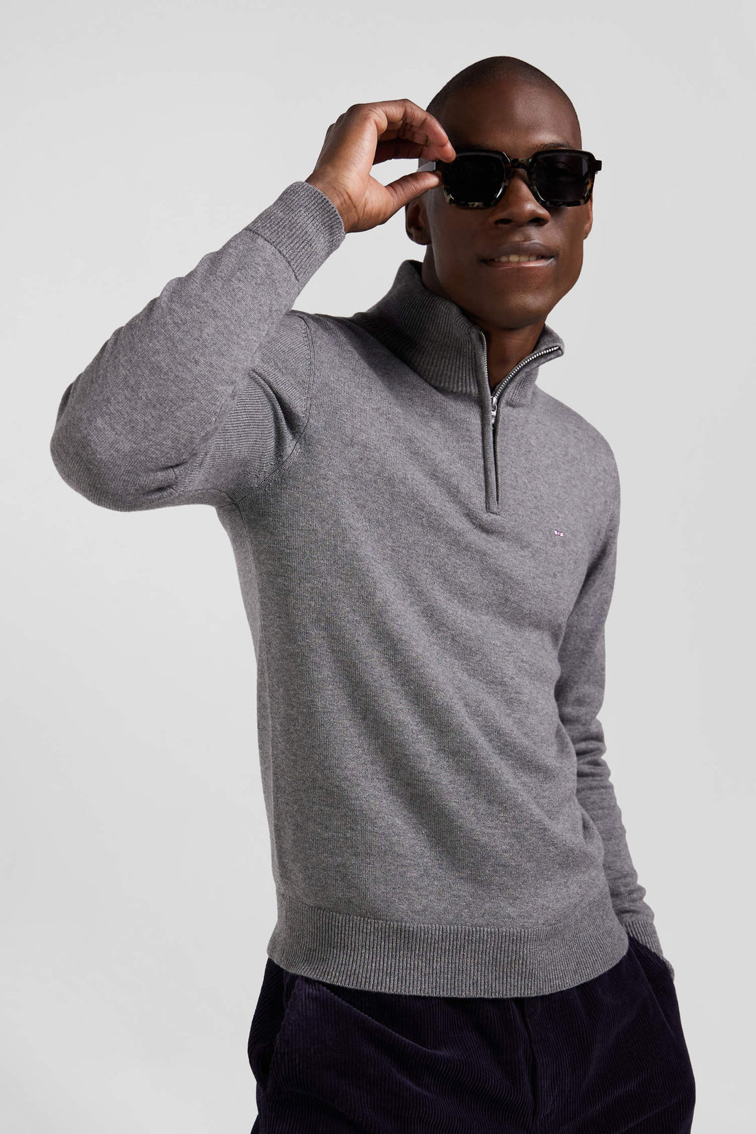 Regular Light Grey Semi-Zipped Wool and Cotton Jumper_H24MAIPU0006_GRM19_01