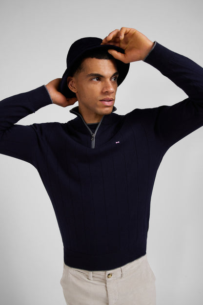 Regular Navy Blue Semi-Zipped Cotton And Cashmere Jumper_01