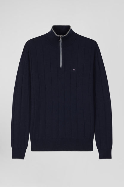 Regular Navy Blue Semi-Zipped Cotton And Cashmere Jumper_04